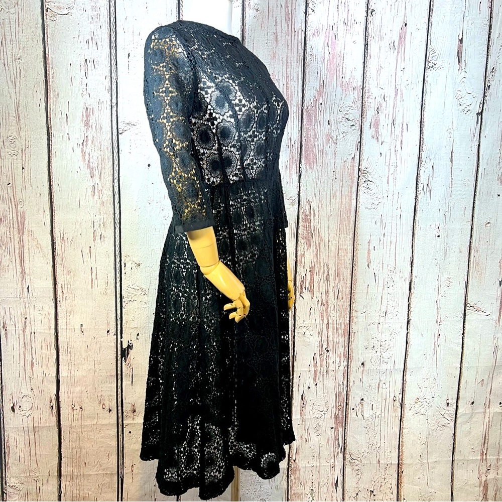 Vintage Crochet Floral Lace Black Sheer Cocktail Fit & Flare Dress SMALL EUC
